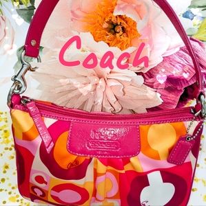 Coach Pink Madison Optic Scarf Print Patent Leather Hobo Baguette Handbag